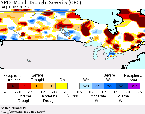 Canada SPI 3-Month Drought Severity (CPC) Thematic Map For 8/1/2021 - 10/31/2021