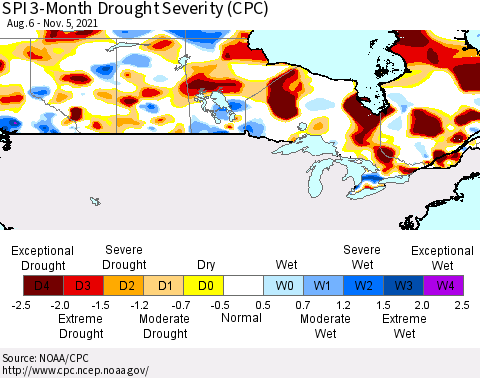 Canada SPI 3-Month Drought Severity (CPC) Thematic Map For 8/6/2021 - 11/5/2021