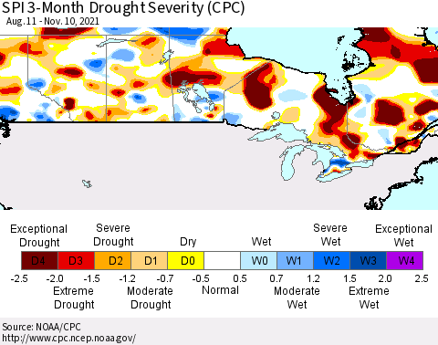Canada SPI 3-Month Drought Severity (CPC) Thematic Map For 8/11/2021 - 11/10/2021