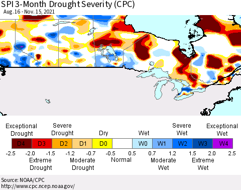 Canada SPI 3-Month Drought Severity (CPC) Thematic Map For 8/16/2021 - 11/15/2021