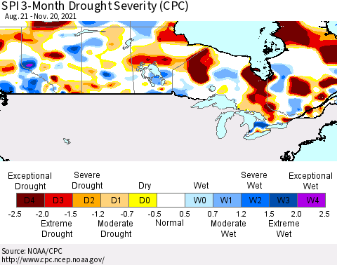 Canada SPI 3-Month Drought Severity (CPC) Thematic Map For 8/21/2021 - 11/20/2021