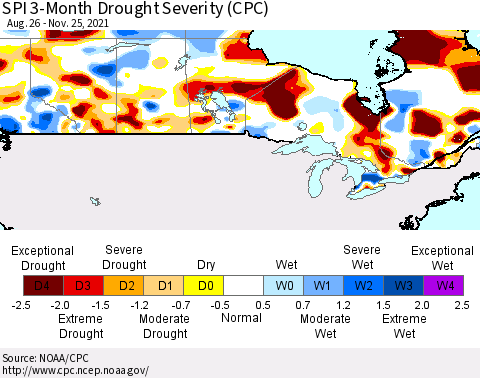 Canada SPI 3-Month Drought Severity (CPC) Thematic Map For 8/26/2021 - 11/25/2021