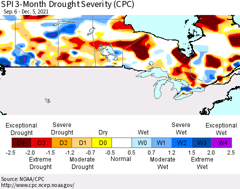 Canada SPI 3-Month Drought Severity (CPC) Thematic Map For 9/6/2021 - 12/5/2021