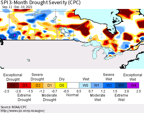 Canada SPI 3-Month Drought Severity (CPC) Thematic Map For 9/11/2021 - 12/10/2021