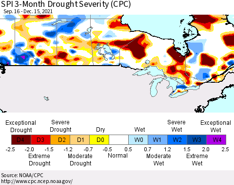 Canada SPI 3-Month Drought Severity (CPC) Thematic Map For 9/16/2021 - 12/15/2021