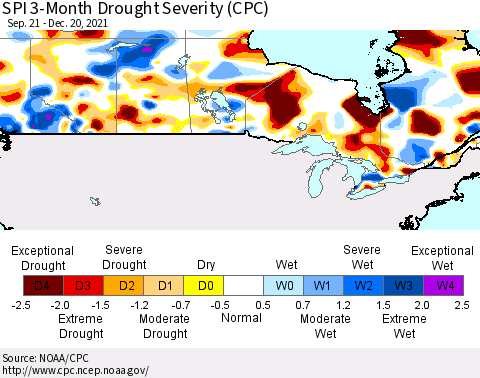 Canada SPI 3-Month Drought Severity (CPC) Thematic Map For 9/21/2021 - 12/20/2021