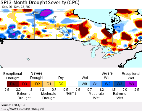 Canada SPI 3-Month Drought Severity (CPC) Thematic Map For 9/26/2021 - 12/25/2021