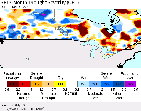 Canada SPI 3-Month Drought Severity (CPC) Thematic Map For 10/1/2021 - 12/31/2021