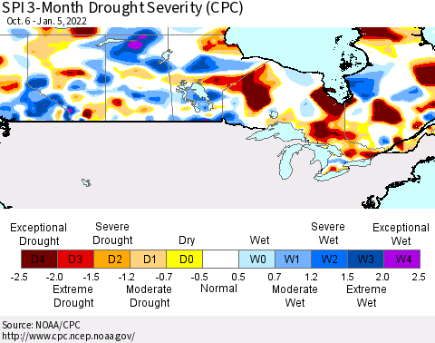 Canada SPI 3-Month Drought Severity (CPC) Thematic Map For 10/6/2021 - 1/5/2022