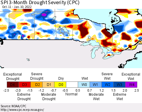Canada SPI 3-Month Drought Severity (CPC) Thematic Map For 10/11/2021 - 1/10/2022