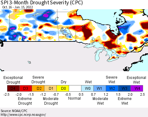 Canada SPI 3-Month Drought Severity (CPC) Thematic Map For 10/16/2021 - 1/15/2022