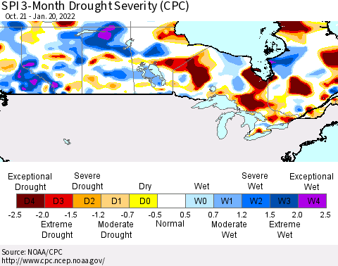 Canada SPI 3-Month Drought Severity (CPC) Thematic Map For 10/21/2021 - 1/20/2022