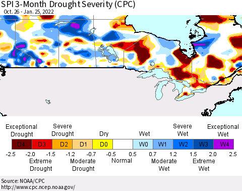 Canada SPI 3-Month Drought Severity (CPC) Thematic Map For 10/26/2021 - 1/25/2022