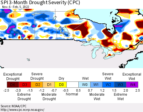 Canada SPI 3-Month Drought Severity (CPC) Thematic Map For 11/6/2021 - 2/5/2022