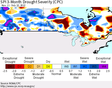 Canada SPI 3-Month Drought Severity (CPC) Thematic Map For 11/11/2021 - 2/10/2022