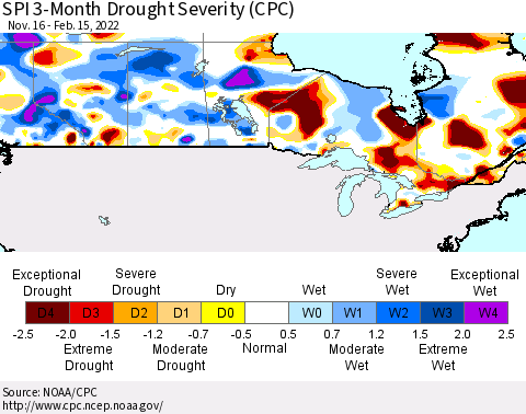 Canada SPI 3-Month Drought Severity (CPC) Thematic Map For 11/16/2021 - 2/15/2022