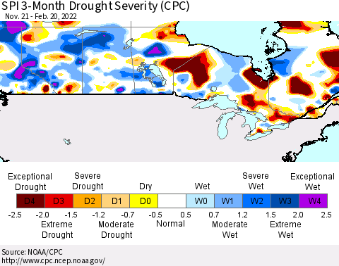 Canada SPI 3-Month Drought Severity (CPC) Thematic Map For 11/21/2021 - 2/20/2022