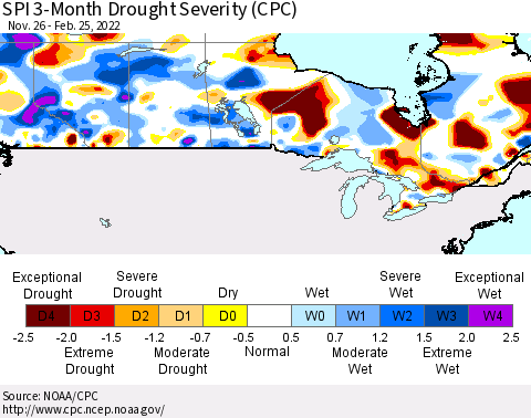 Canada SPI 3-Month Drought Severity (CPC) Thematic Map For 11/26/2021 - 2/25/2022
