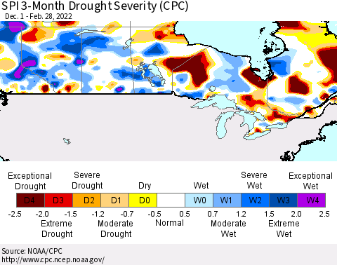 Canada SPI 3-Month Drought Severity (CPC) Thematic Map For 12/1/2021 - 2/28/2022