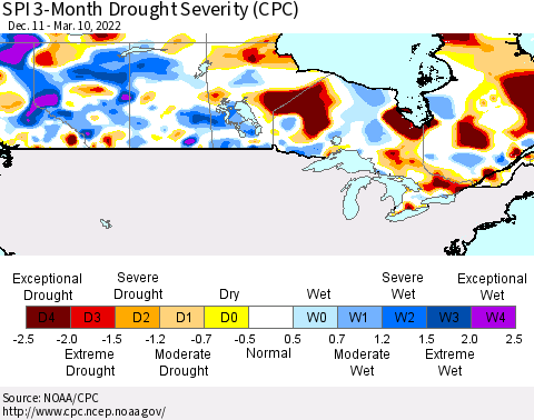 Canada SPI 3-Month Drought Severity (CPC) Thematic Map For 12/11/2021 - 3/10/2022