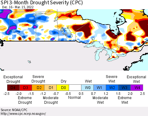 Canada SPI 3-Month Drought Severity (CPC) Thematic Map For 12/16/2021 - 3/15/2022