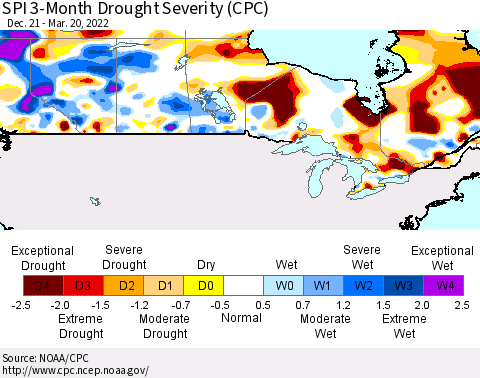 Canada SPI 3-Month Drought Severity (CPC) Thematic Map For 12/21/2021 - 3/20/2022
