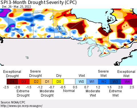 Canada SPI 3-Month Drought Severity (CPC) Thematic Map For 12/26/2021 - 3/25/2022