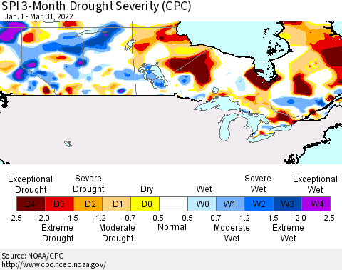 Canada SPI 3-Month Drought Severity (CPC) Thematic Map For 1/1/2022 - 3/31/2022