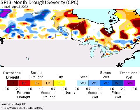 Canada SPI 3-Month Drought Severity (CPC) Thematic Map For 1/6/2022 - 4/5/2022