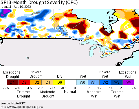 Canada SPI 3-Month Drought Severity (CPC) Thematic Map For 1/11/2022 - 4/10/2022