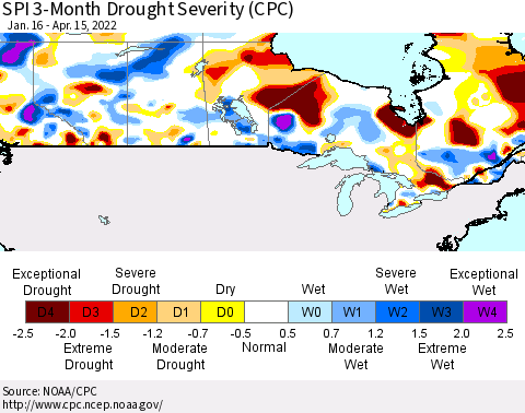 Canada SPI 3-Month Drought Severity (CPC) Thematic Map For 1/16/2022 - 4/15/2022