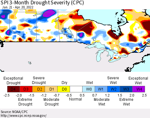 Canada SPI 3-Month Drought Severity (CPC) Thematic Map For 1/21/2022 - 4/20/2022