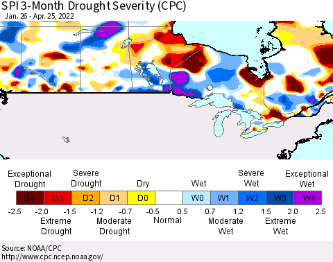Canada SPI 3-Month Drought Severity (CPC) Thematic Map For 1/26/2022 - 4/25/2022
