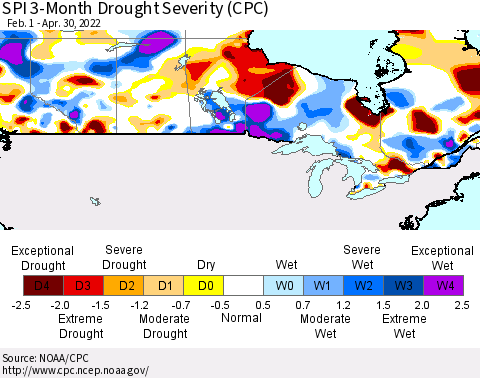 Canada SPI 3-Month Drought Severity (CPC) Thematic Map For 2/1/2022 - 4/30/2022