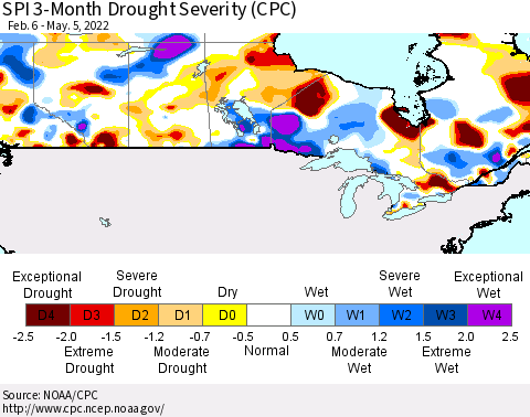 Canada SPI 3-Month Drought Severity (CPC) Thematic Map For 2/6/2022 - 5/5/2022