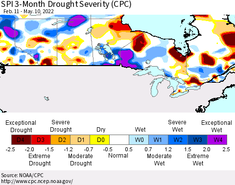Canada SPI 3-Month Drought Severity (CPC) Thematic Map For 2/11/2022 - 5/10/2022