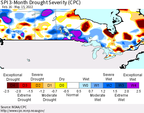 Canada SPI 3-Month Drought Severity (CPC) Thematic Map For 2/16/2022 - 5/15/2022