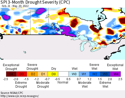 Canada SPI 3-Month Drought Severity (CPC) Thematic Map For 2/21/2022 - 5/20/2022