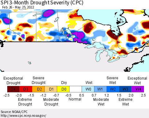 Canada SPI 3-Month Drought Severity (CPC) Thematic Map For 2/26/2022 - 5/25/2022