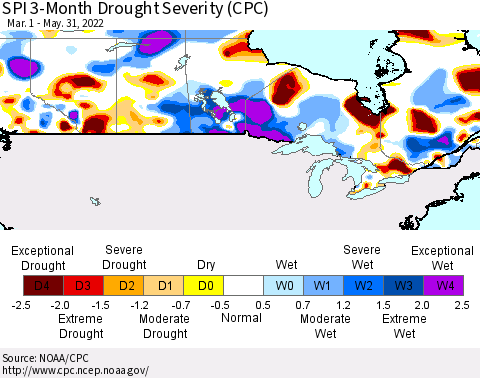 Canada SPI 3-Month Drought Severity (CPC) Thematic Map For 3/1/2022 - 5/31/2022