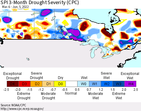 Canada SPI 3-Month Drought Severity (CPC) Thematic Map For 3/6/2022 - 6/5/2022