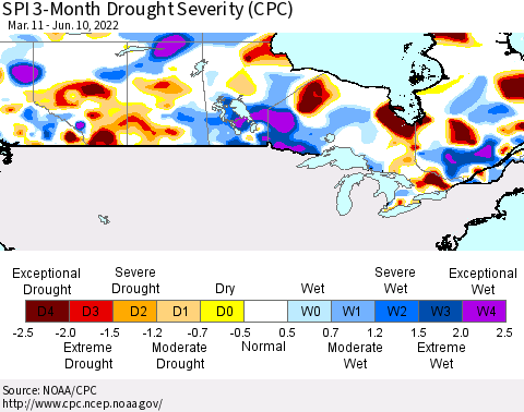 Canada SPI 3-Month Drought Severity (CPC) Thematic Map For 3/11/2022 - 6/10/2022