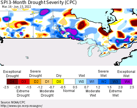 Canada SPI 3-Month Drought Severity (CPC) Thematic Map For 3/16/2022 - 6/15/2022