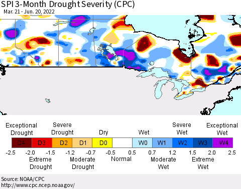 Canada SPI 3-Month Drought Severity (CPC) Thematic Map For 3/21/2022 - 6/20/2022