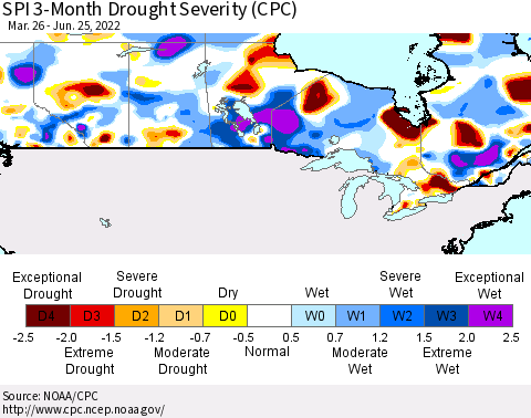 Canada SPI 3-Month Drought Severity (CPC) Thematic Map For 3/26/2022 - 6/25/2022