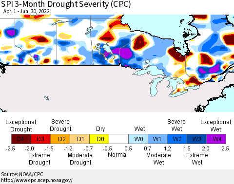 Canada SPI 3-Month Drought Severity (CPC) Thematic Map For 4/1/2022 - 6/30/2022