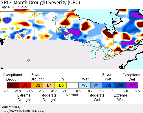 Canada SPI 3-Month Drought Severity (CPC) Thematic Map For 4/6/2022 - 7/5/2022