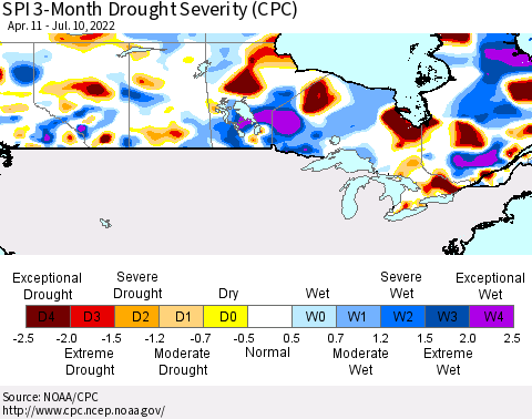 Canada SPI 3-Month Drought Severity (CPC) Thematic Map For 4/11/2022 - 7/10/2022