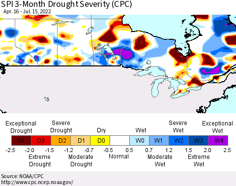 Canada SPI 3-Month Drought Severity (CPC) Thematic Map For 4/16/2022 - 7/15/2022