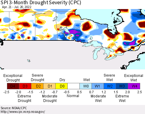 Canada SPI 3-Month Drought Severity (CPC) Thematic Map For 4/21/2022 - 7/20/2022